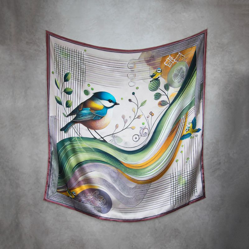 Módna hodvábna šatka SÝKORKA - PURPUROVÁ, 90 x 90cm, MADE IN SLOVAKIA