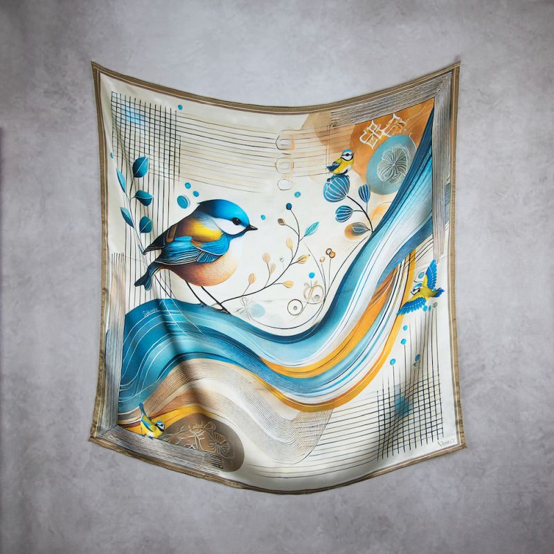 Módna hodvábna šatka SÝKORKA - KRÉMOVÁ, 90 x 90cm, MADE IN SLOVAKIA