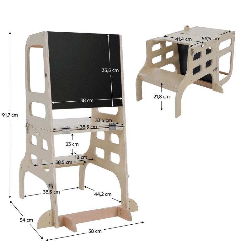 Montessori učiaca veža 3v1 s tabuľou, prírodná, MAGAN