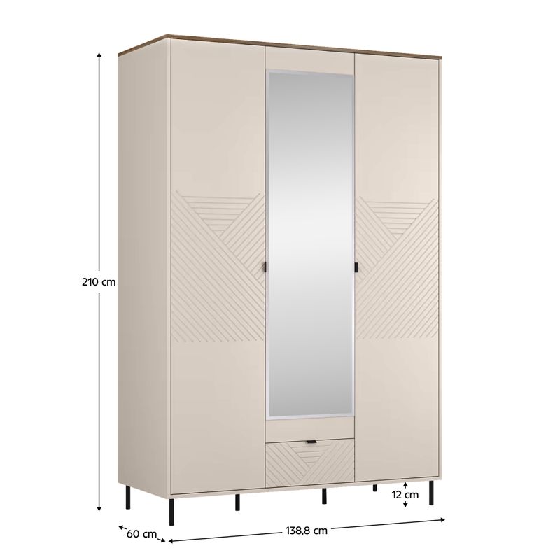 Skriňa, 139cm, kombinovaná, kašmír, dub castello, zrkadlo, EYCO 3D1S