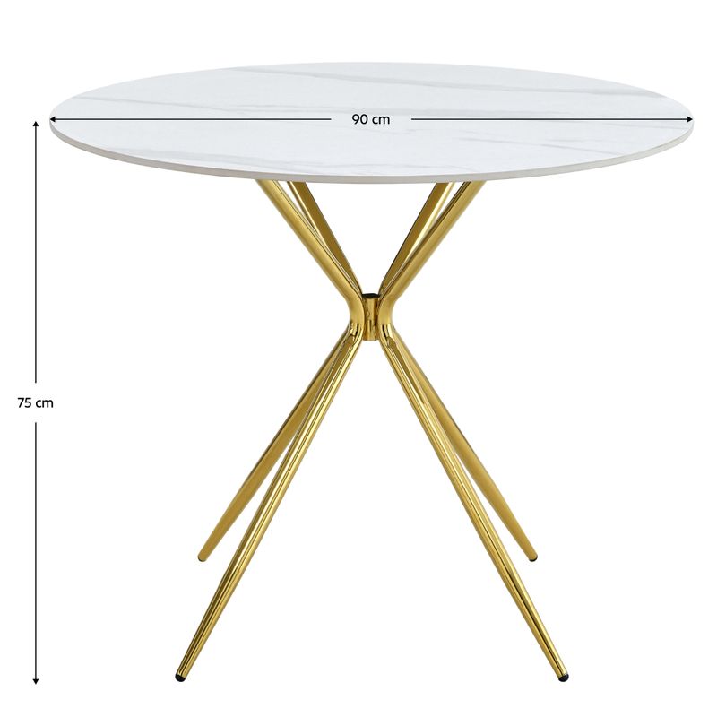 Jedálenský stôl, okrúhly 90cm, keramika, biely, zlatý, MEKNER