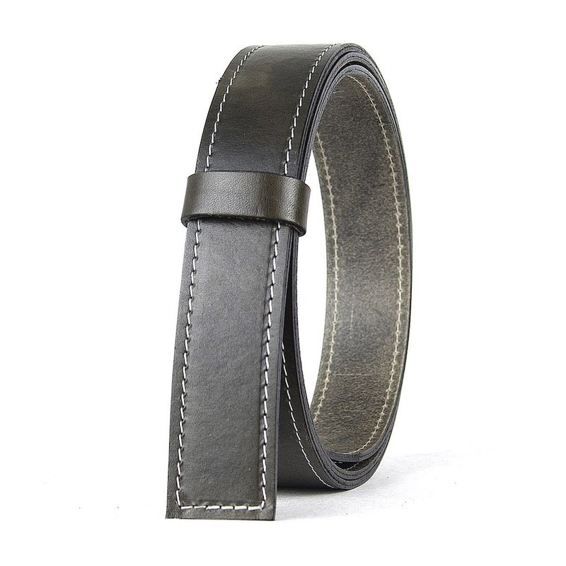 Kožený remeň pre opasky s prackou na brzdu, šírka 3.5cm, olivová farba s bielym prešívaním