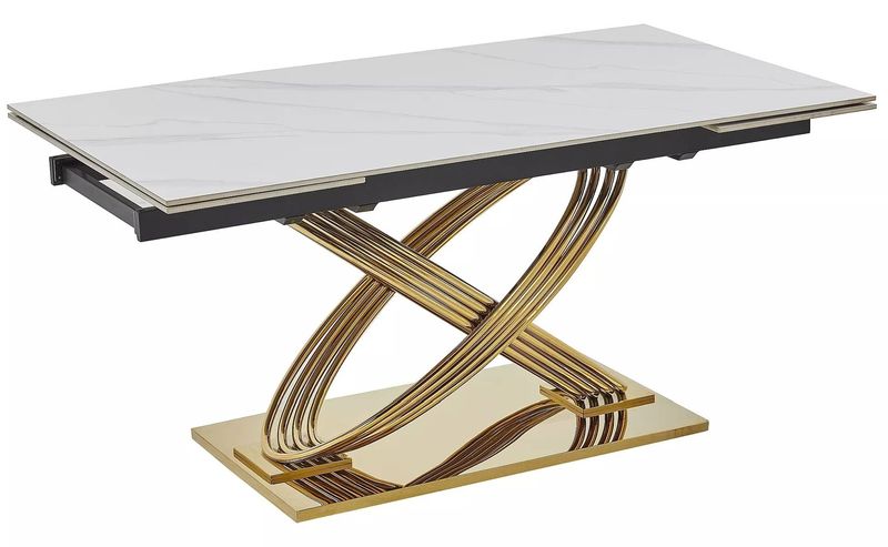Jedálenský stôl, 160x90cm, rozkladací, keramika, biely, zlatý, HERMES II