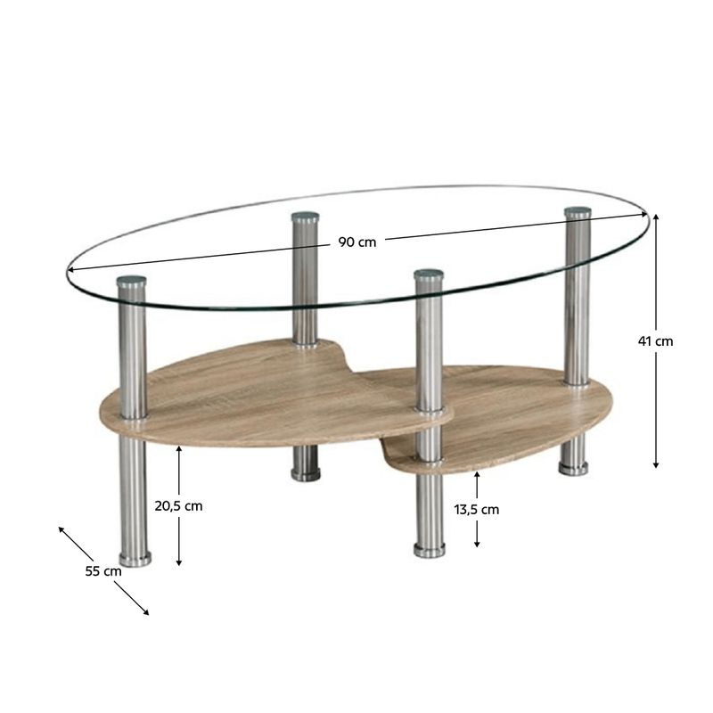 Konferenčný stolík, 90x55cm, oceľ, číre sklo, dub sonoma, PANTY NEW