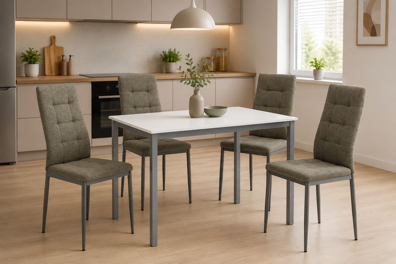 Jedálenský set 1+4, 110x70cm, MDF, biely, látka hnedá, AUTRON