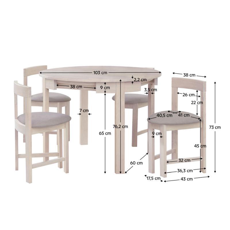 Jedálenský set 1+4, 103x103cm, biely vzor drevo, látka sivobéžová, DOMIO