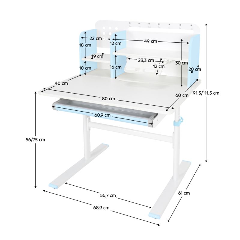 Rastúci písací stôl, 80x60cm, modrý, biely, ADAN