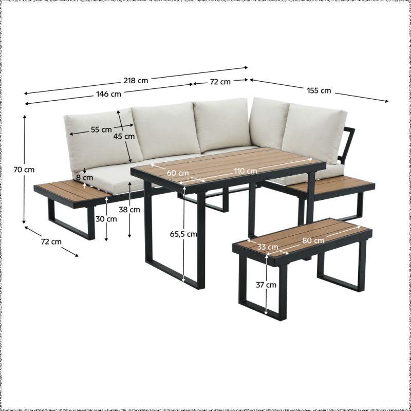 Záhradný set, čierny kov, krémová látka, dub polywood, FLOJD
