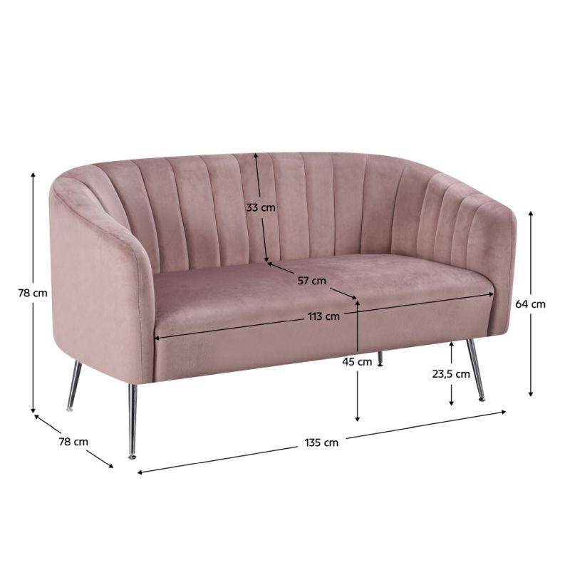 Dizajnový 2-sed, ružová Velvet látka, kov chróm, BAGY