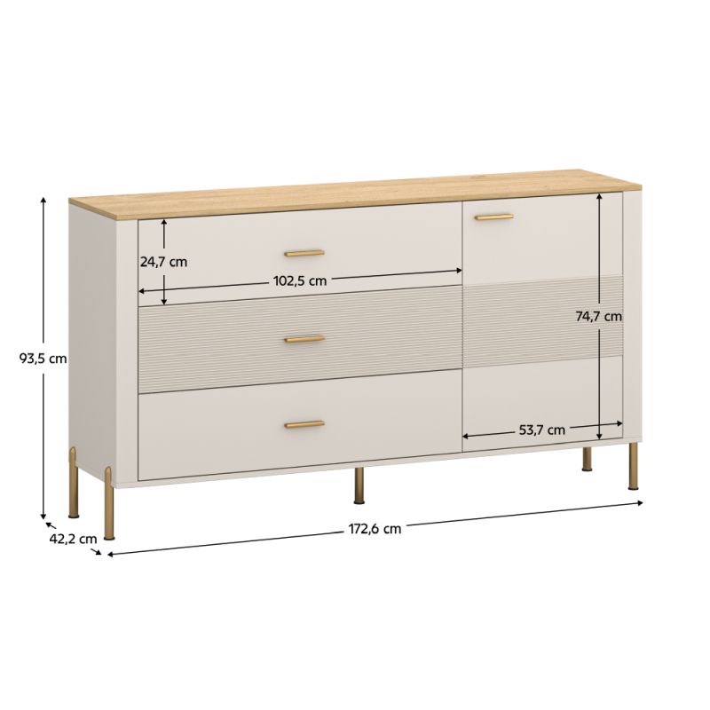 Komoda, 172cm, kašmír, dub kamenný, kombinovaná, RUNOL 1D3S