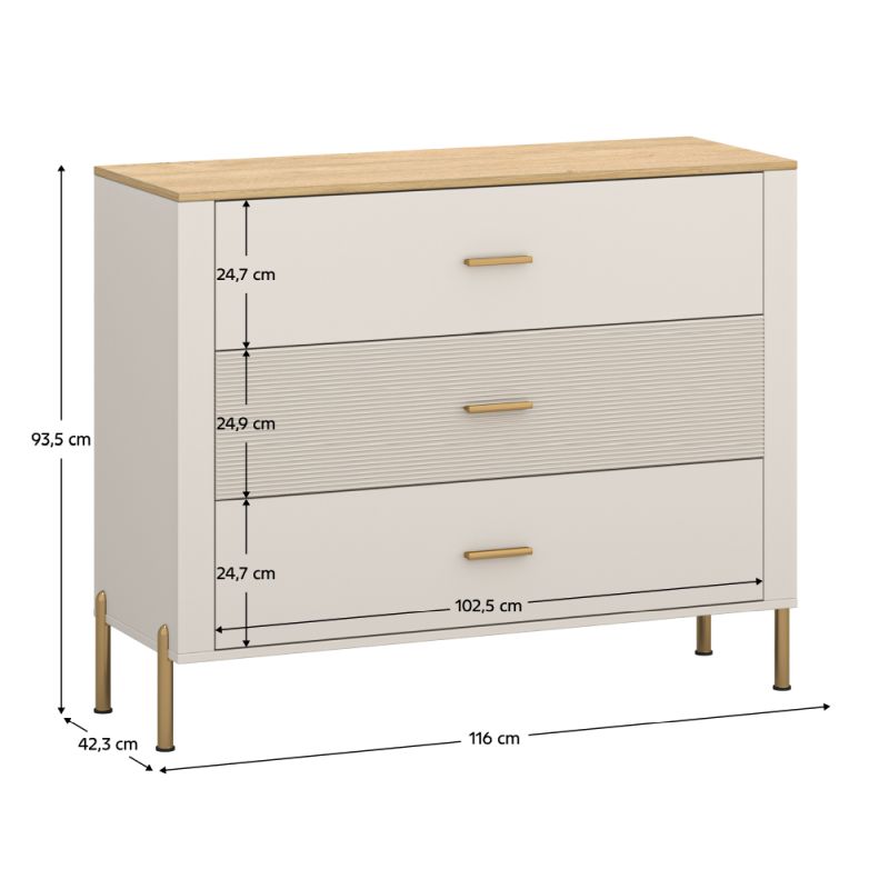 Komoda, 116cm, kašmír, dub kamenný, zásuvková, RUNOL 3S