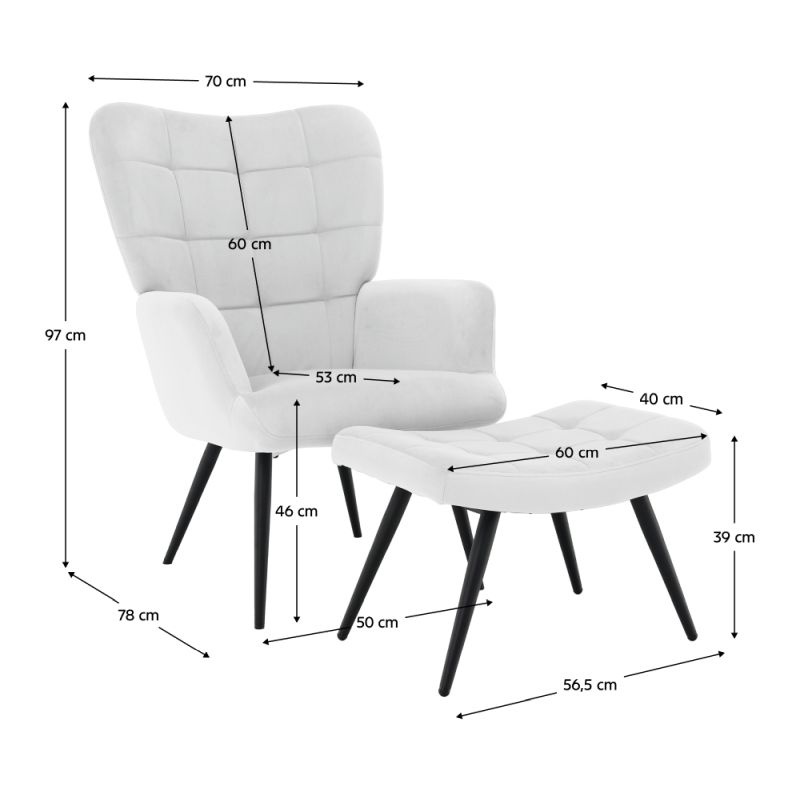 Kreslo s podnožou, čierny kov, svetlosivá látka, HABEN