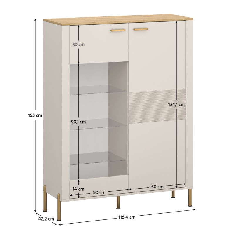 Nízka vitrína, 116cm, kašmír, dub kamenný, RUNOL 1D1W