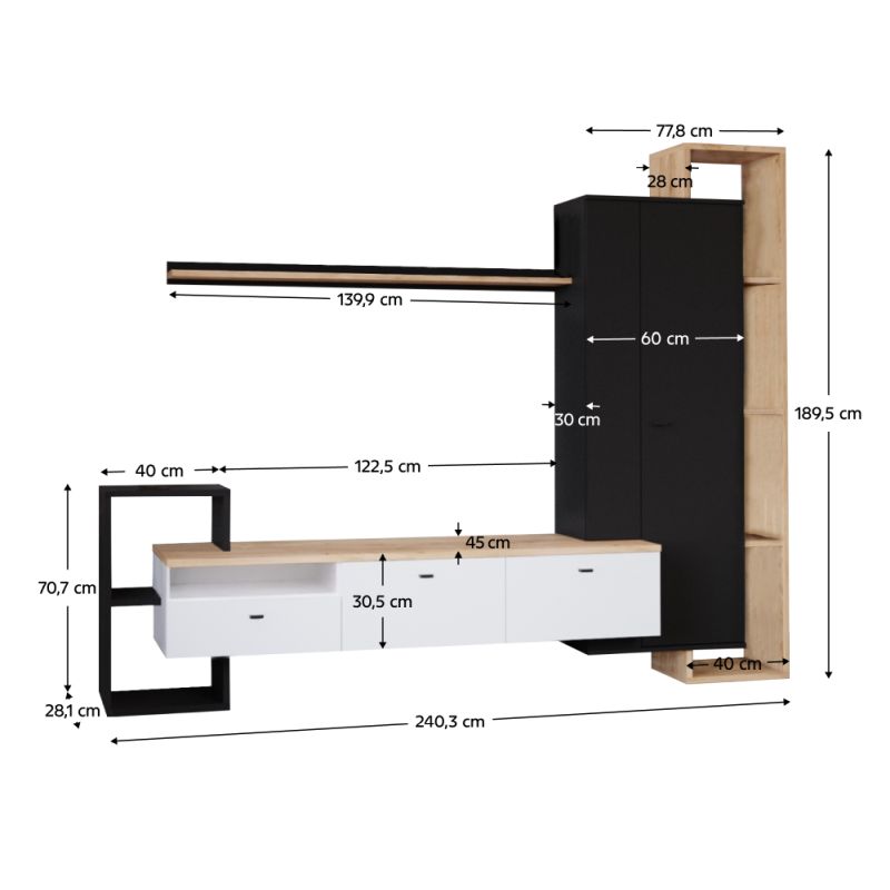Obývacia stena, 240cm, čierna, biela, dub craft zlatý, DENISO