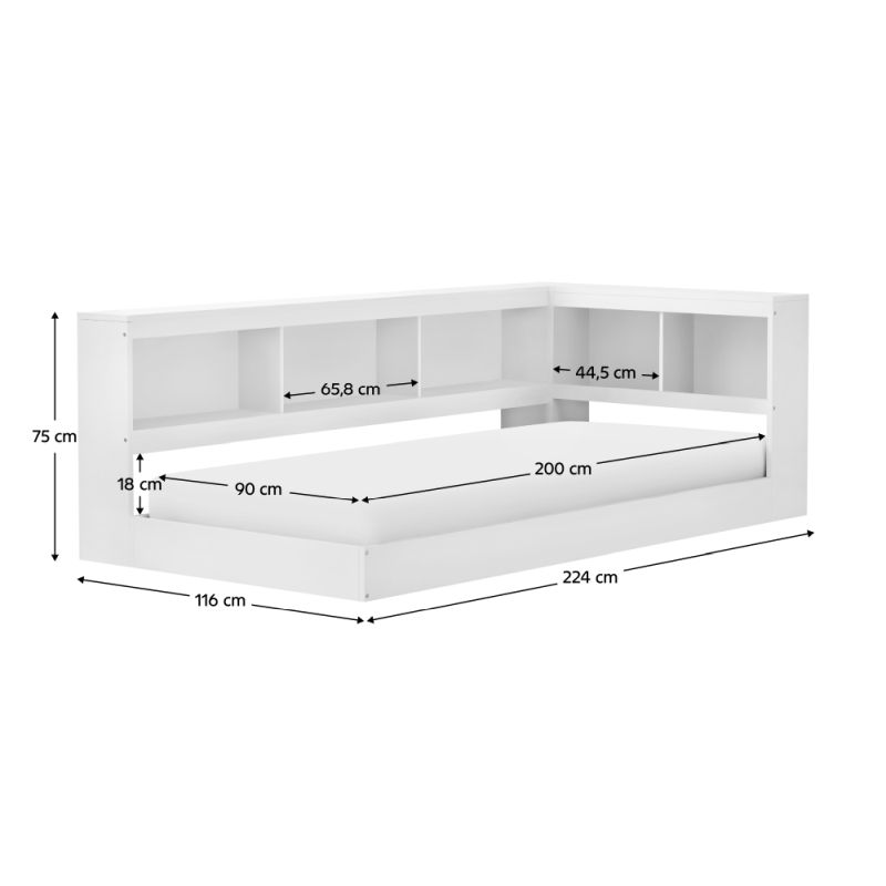 Posteľ, 90x200, s roštom a regálom, biela, TOSIA