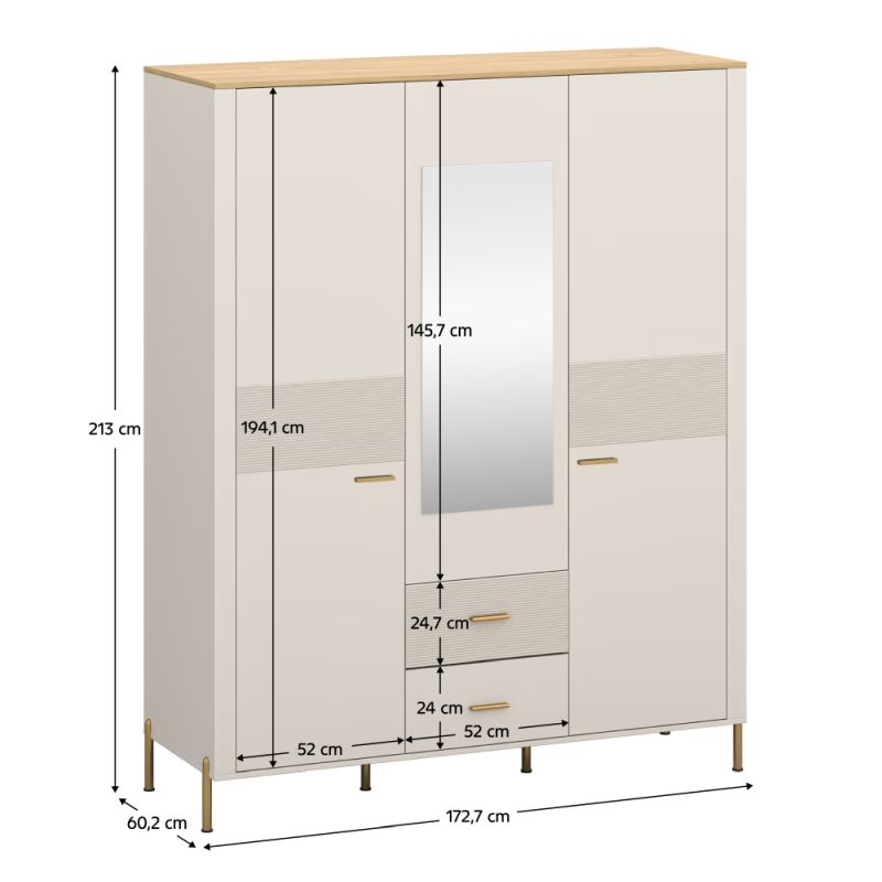 Skriňa, 172cm, kombinovaná, kašmír, dub kamenný, zrkadlo, RUNOL 3D2S