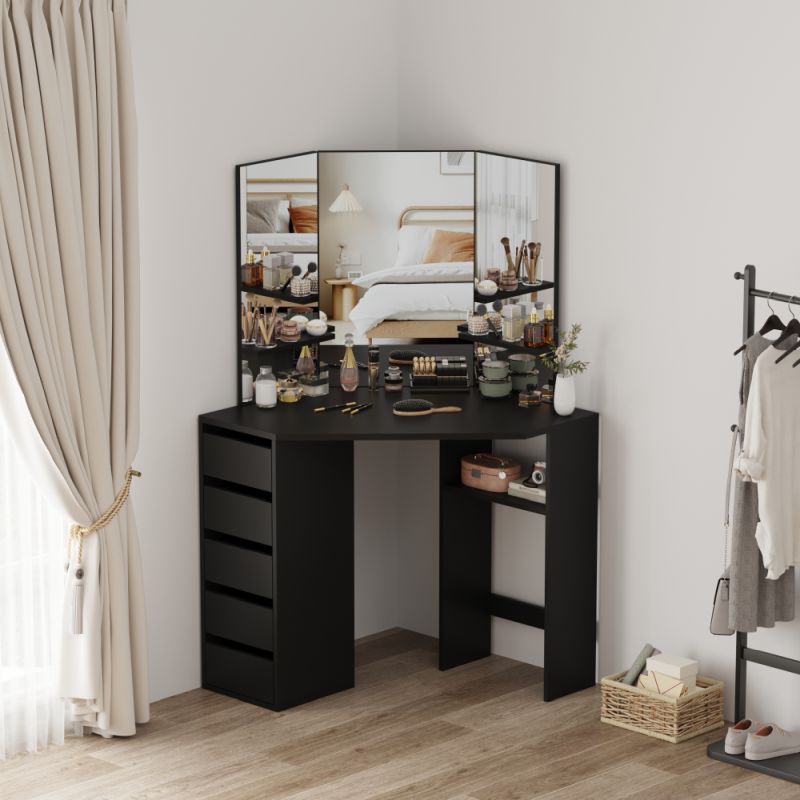 Rohový toaletný stolík, 111cm, čierny, ELIO