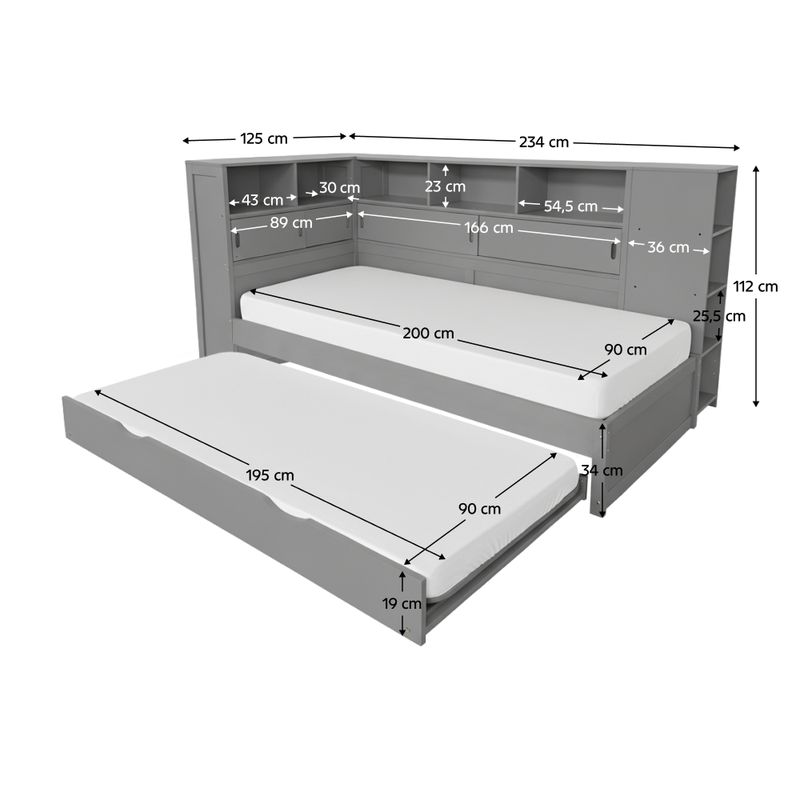 Posteľ, 90x200, s roštom, regálom a prístelkou, sivá, LENDON