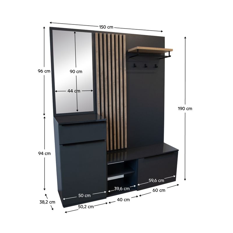 Predsieňová zostava, 150cm, antracit lesk, dub artisan, ALIVA V2