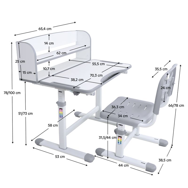 Rastúci písací stôl a stolička, 70x55cm, sivý, biely, set ZION