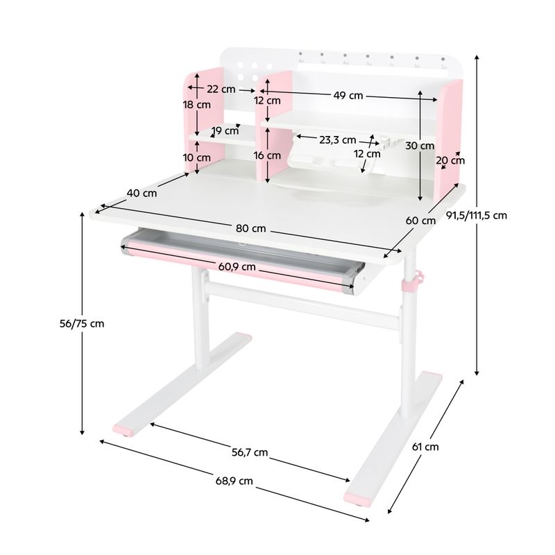 Rastúci písací stôl, 80x60cm, ružový, biely, ADAN