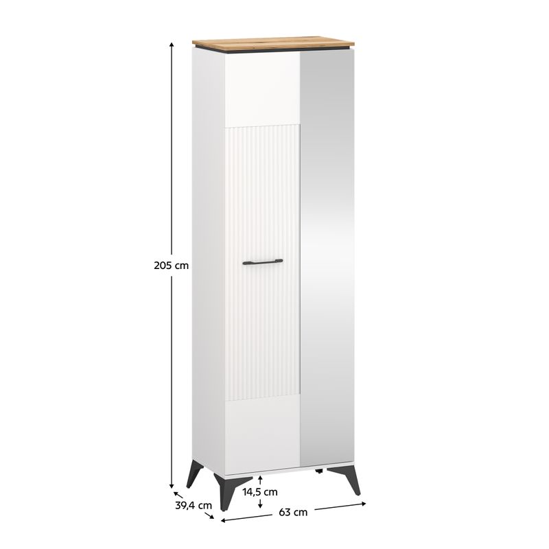 Skriňa, 63cm, vešiaková so zrkadlom, biela, dub evoke, VELIS 1D