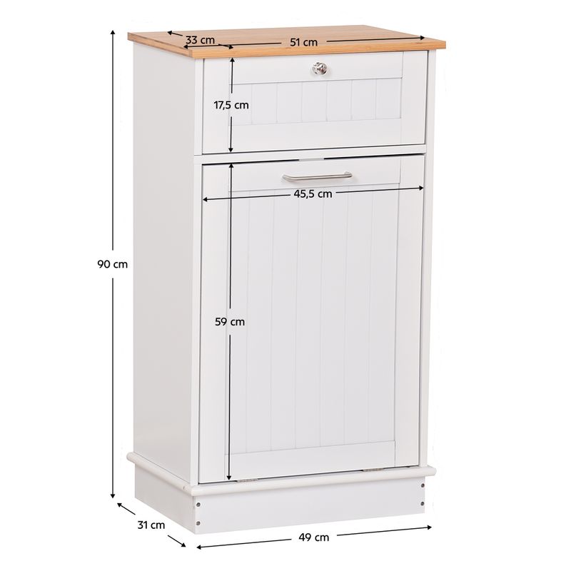 Výklopná skrinka, 51cm, s odpadkovým košom, biela, bambus, DELINS TYP 1