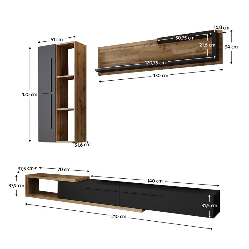 Obývacia stena, 210cm, dub tacho, antracit, KALVADOS 2