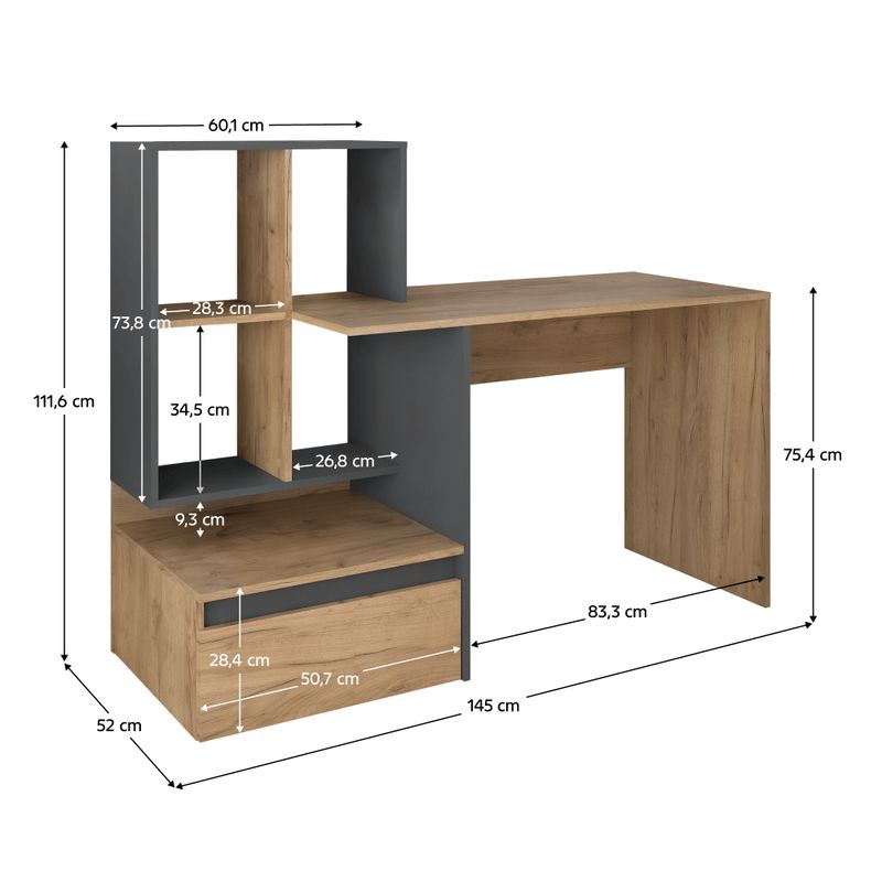 PC stôl, 145x52cm, dub artisan, grafit, NEREO 2 NEW