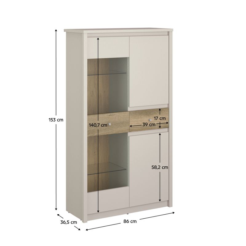 Vitrína, 86cm, kašmír, dub evoke, KAROS 2D1W1S