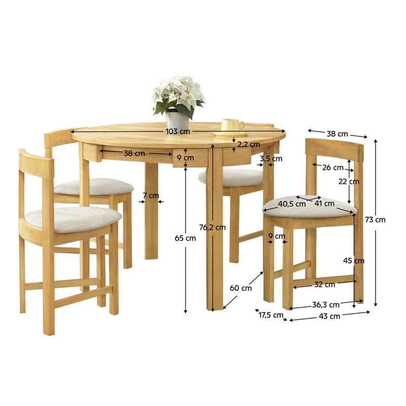 Jedálenský set 1+4, 103x103cm, drevo dub svetlý, látka béžová, DOMIO