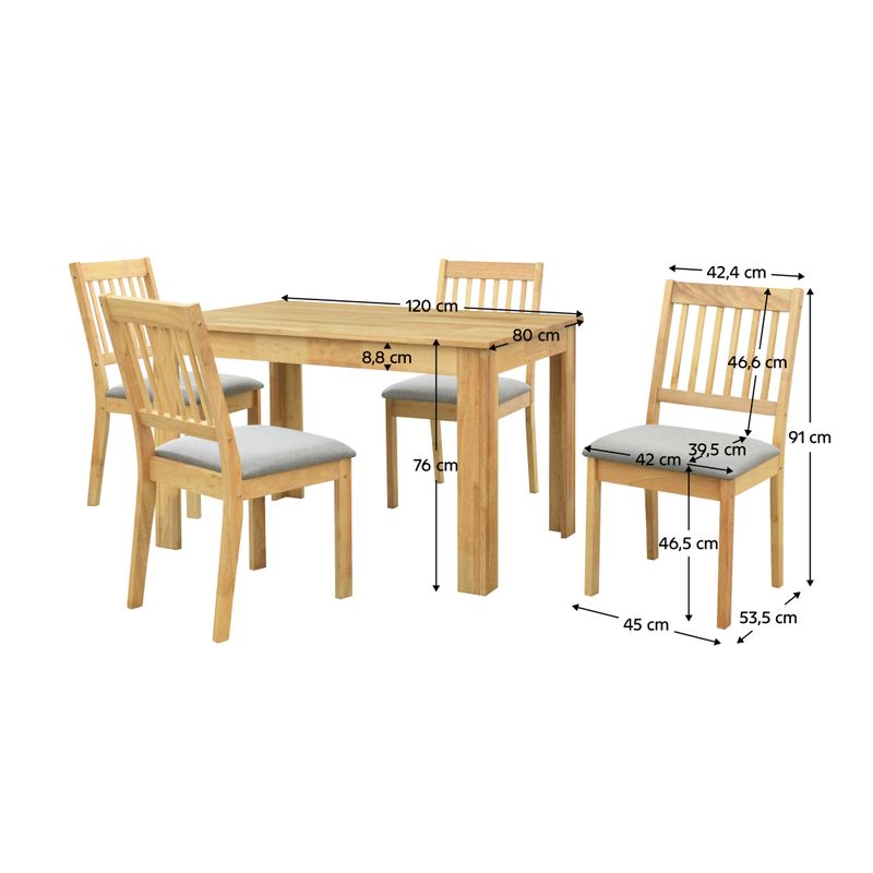 Jedálenský set 1+4, 120x80cm, drevo prírodné, látka sivá, TEDRO