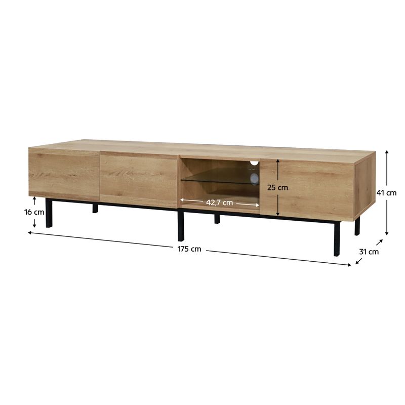 TV stolík, 175cm, dub, čierny, BASTIEN