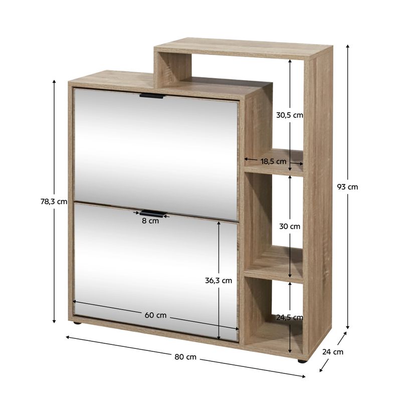 Výklopný dvojradový botník, 80cm, so zrkadlom, dub sonoma, KENTIN TYP 1