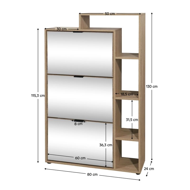 Výklopný trojradový botník, 80cm, so zrkadlom, dub sonoma, KENTIN TYP 2