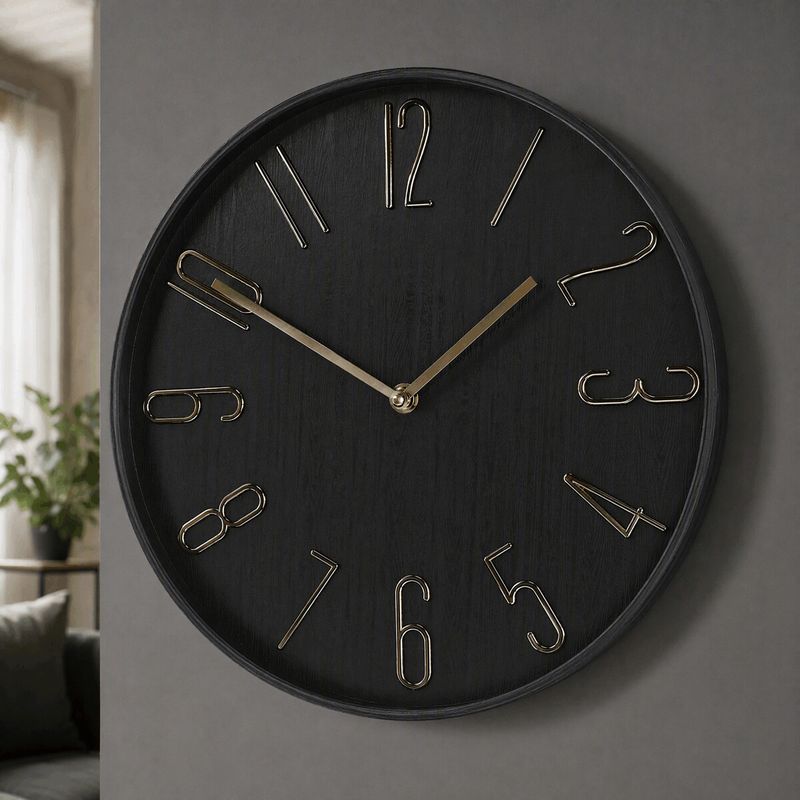 Hodiny nástenné, plastové, zlaté číslice, čierne, 30cm, HW4027 BK