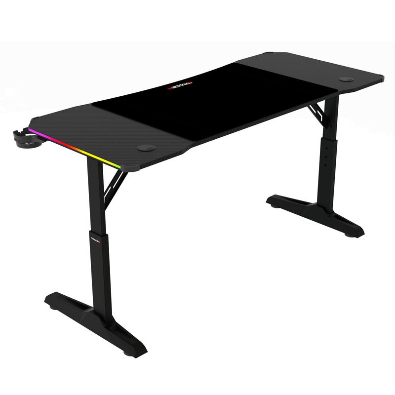 Pevný herný stôl 140x60cm, RGB LED, nastaviteľná výška, melamín, carbon, LT-H1214 BK