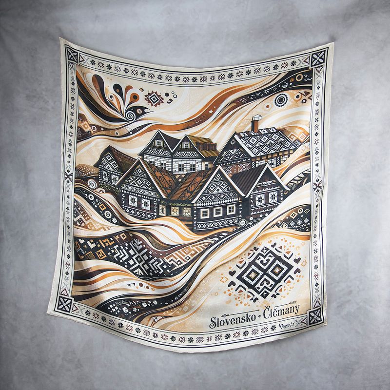 Módna hodvábna šatka ČIČMANY – SLOVENSKO, 90 x 90cm, MADE IN SLOVAKIA