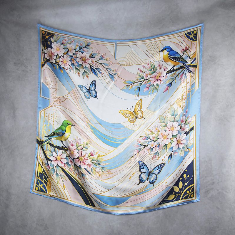Módna hodvábna šatka JARNÁ ZÁHRADA – MODRÁ, 90 x 90cm, MADE IN SLOVAKIA