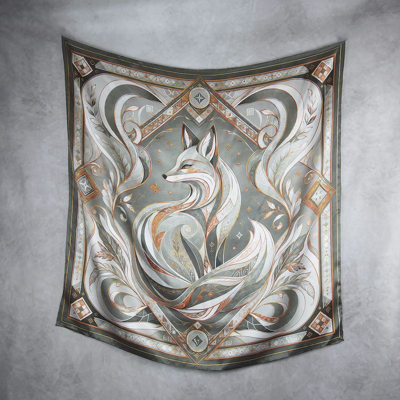 Módna hodvábna šatka LÍŠKA – SIVÁ, 90 x 90cm, MADE IN SLOVAKIA