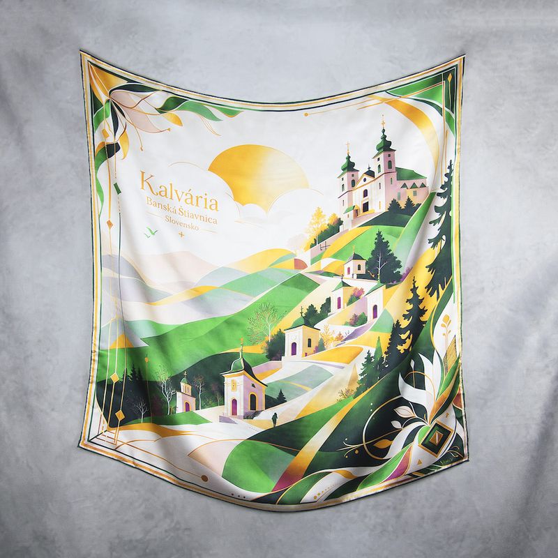 Módna hodvábna šatka KALVÁRIA – BANSKA ŠTIAVNICA, ZELENÁ, 90 x 90cm