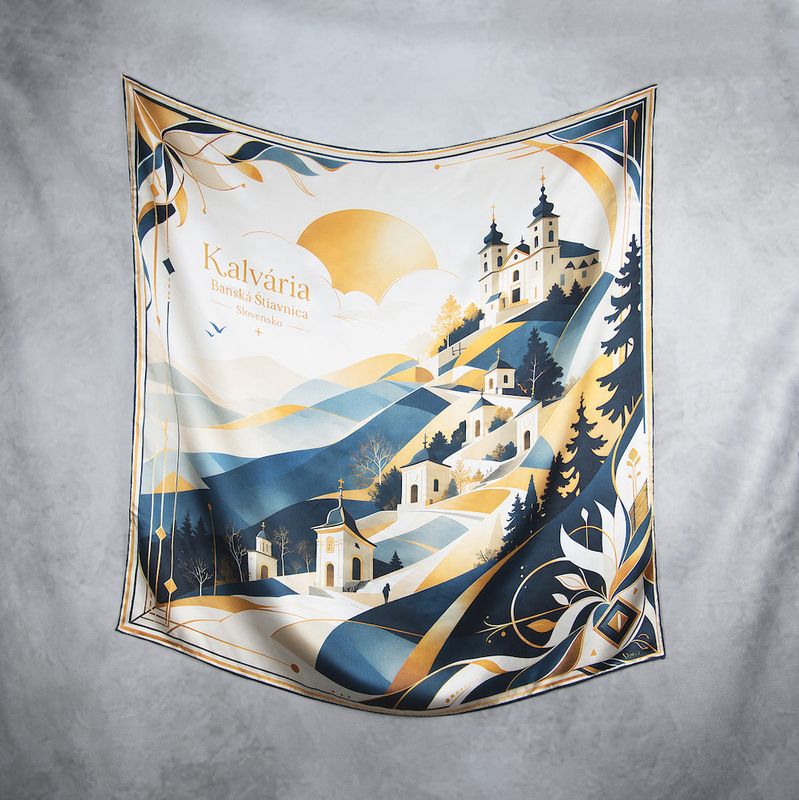 Módna hodvábna šatka KALVÁRIA – BANSKA ŠTIAVNICA, MODRÁ, 90 x 90cm