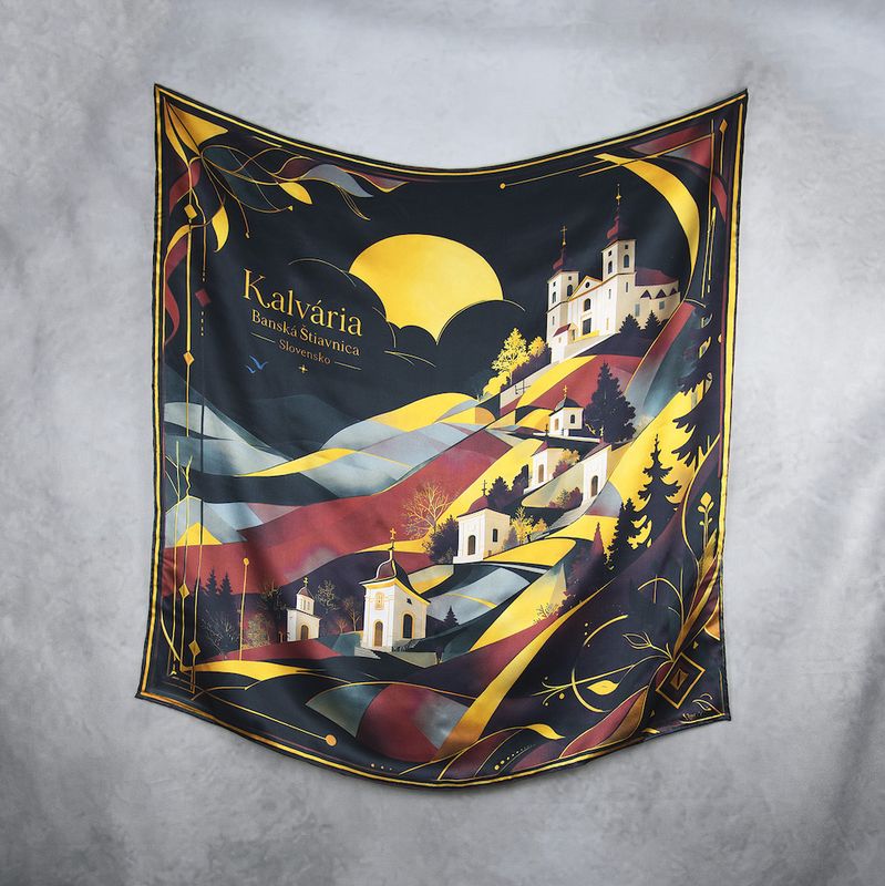 Módna hodvábna šatka KALVÁRIA – BANSKA ŠTIAVNICA, ČIERNA, 90 x 90cm