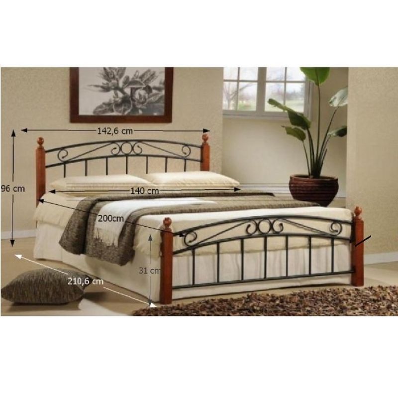 Posteľ, 140x200, s roštom, čerešňa, čierny kov, DOLORES
