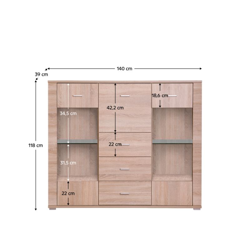 Komoda, 140cm, kombinovaná, dub sonoma, GRAND typ 8