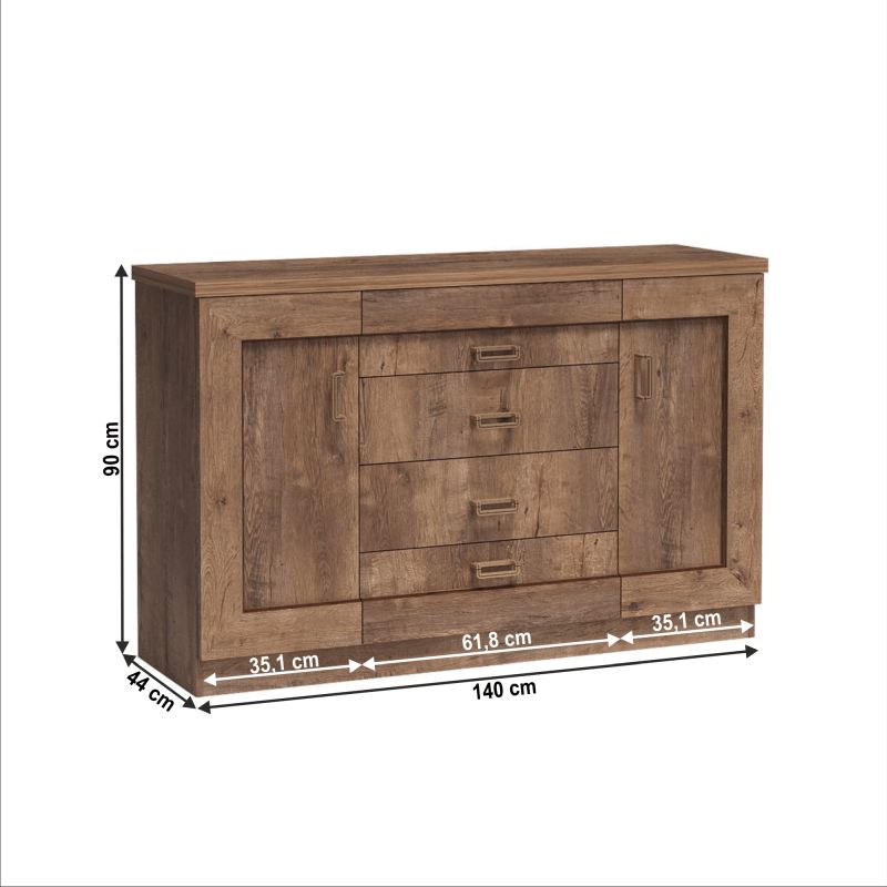 Komoda, 140cm, kombinovaná, dub lefkas, TEDY TYP T6