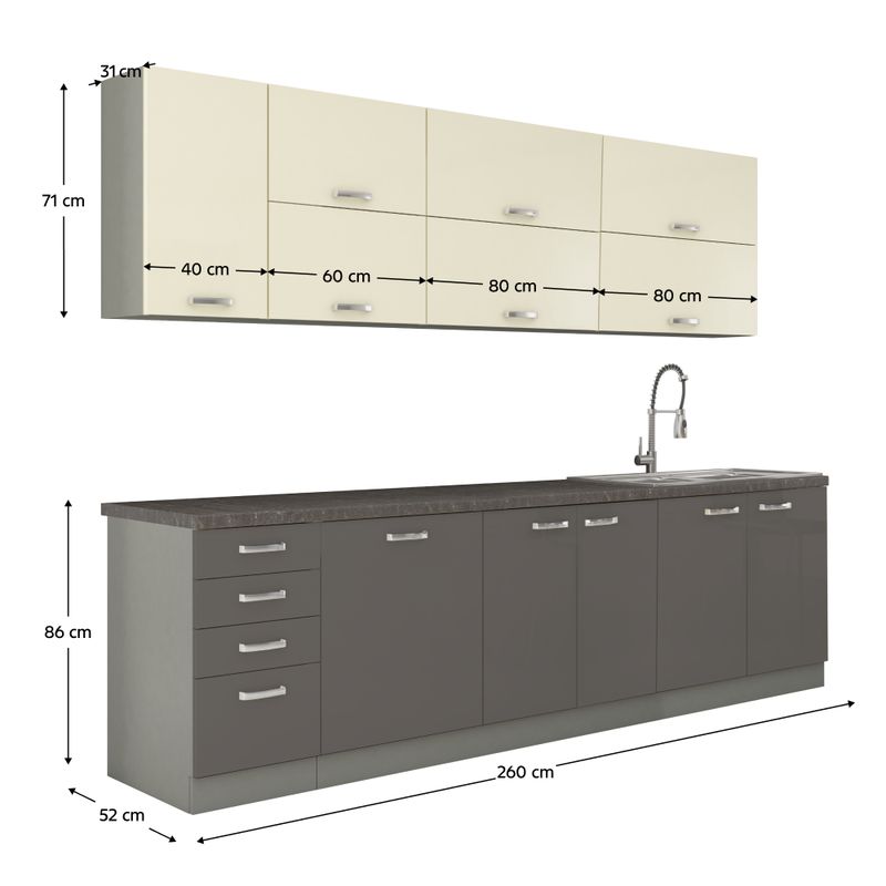 Kuchynská linka, 260cm, sivá, krémová, PRADO