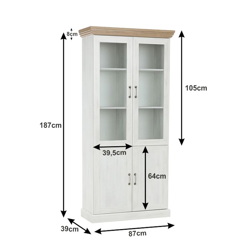 Vitrína, 87cm, štvordverová, sosna nordická, dub divoký, ROYAL W4D