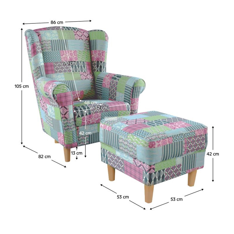 Kreslo, ušiak s taburetom, patchwork M1 látka, ASTRID