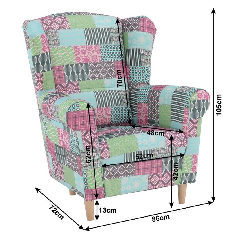 Kreslo, ušiak, patchwork M1 látka, CHARLOT